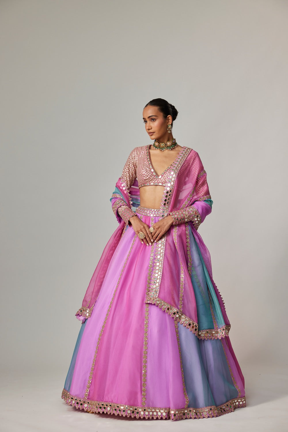MAUVE MULTICOLOR LINEAR LEHENGA WITH V NECK BLOUSE
