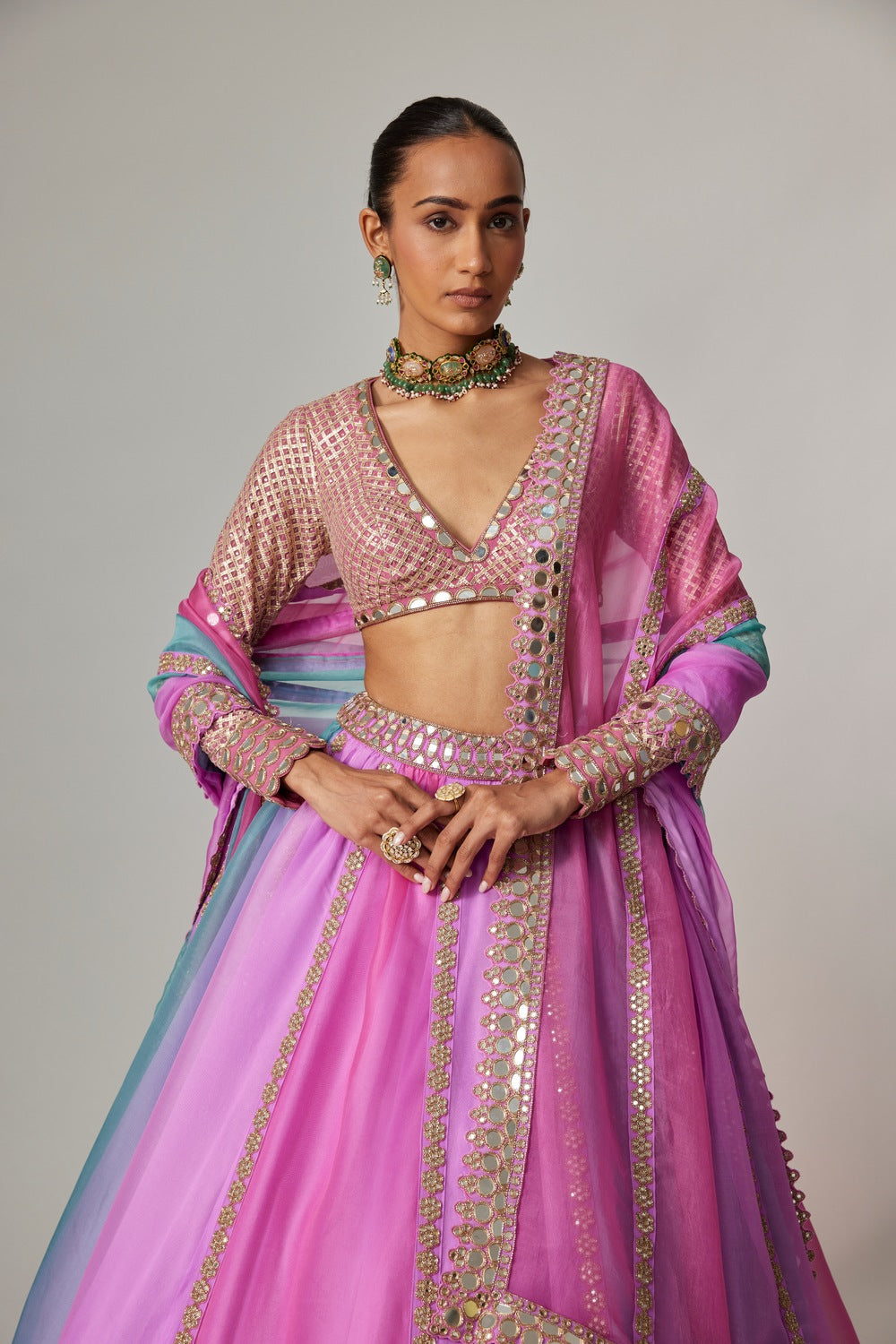MAUVE MULTICOLOR LINEAR LEHENGA WITH V NECK BLOUSE