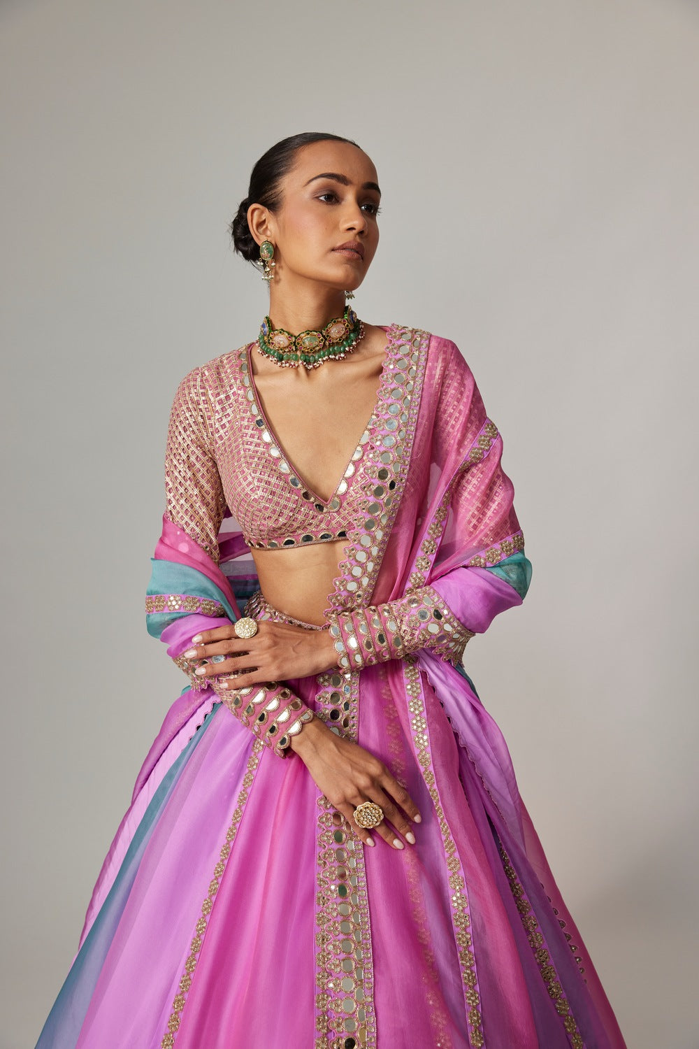 MAUVE MULTICOLOR LINEAR LEHENGA WITH V NECK BLOUSE