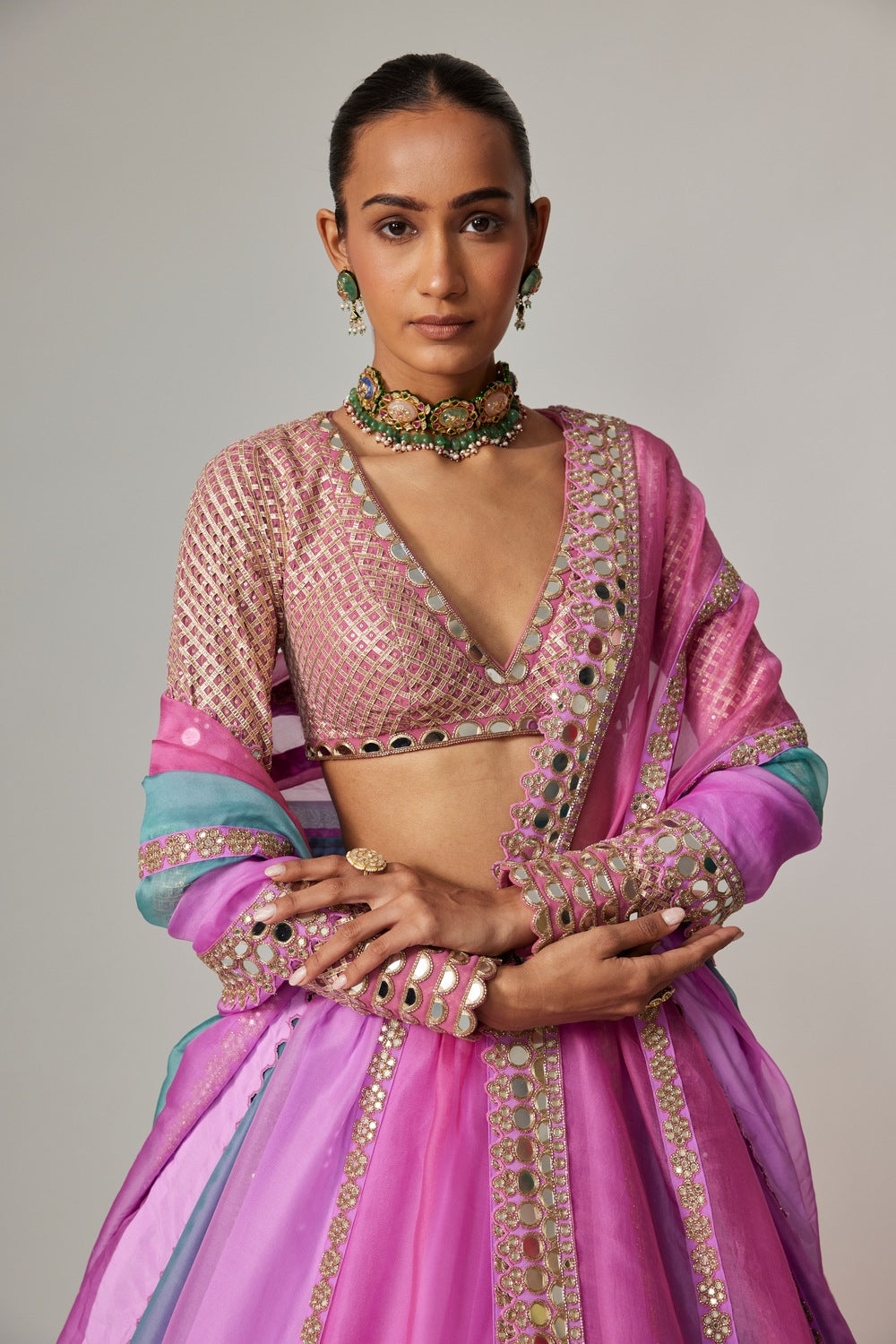 MAUVE MULTICOLOR LINEAR LEHENGA WITH V NECK BLOUSE