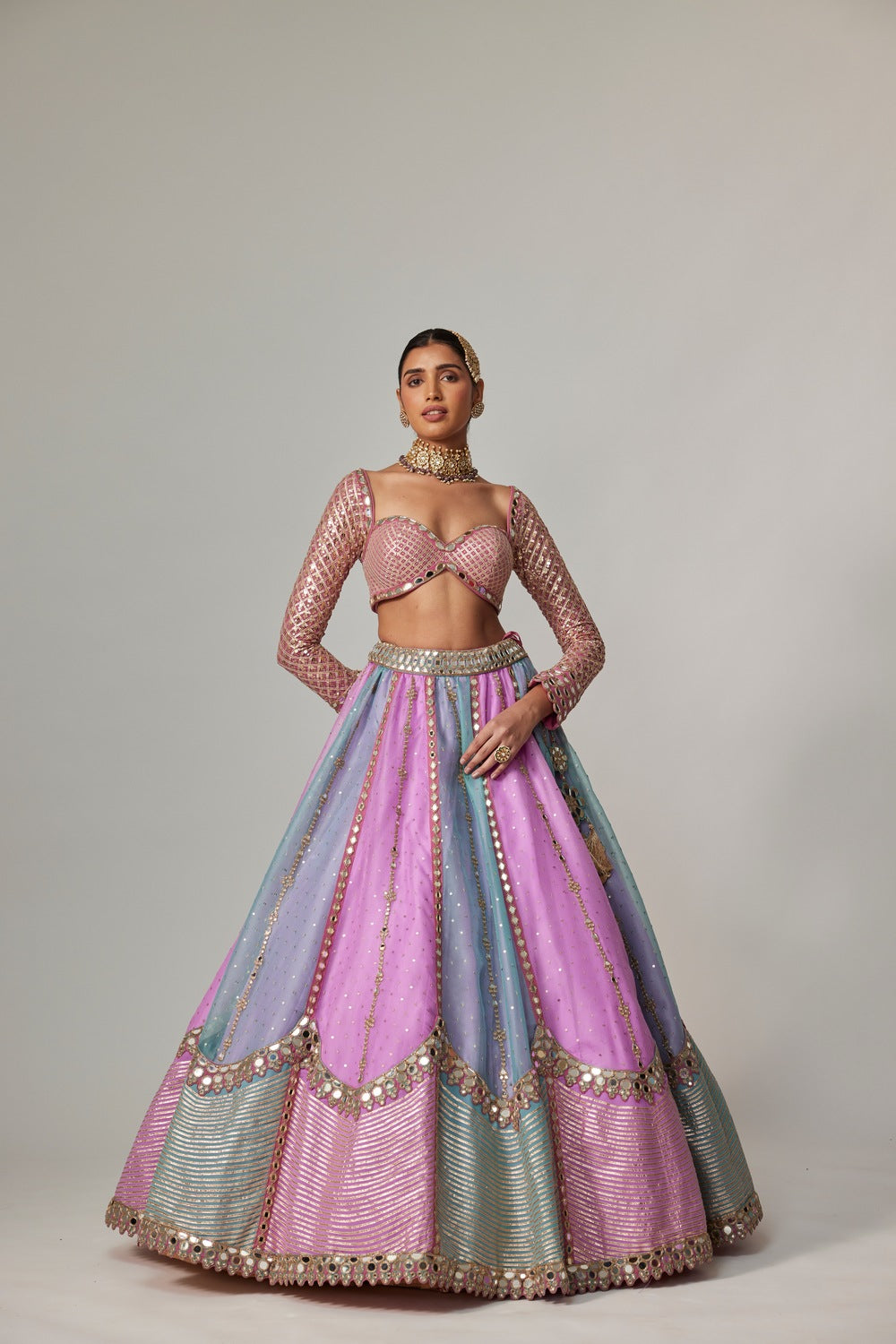 MAUVE MULTICOLOR SEQUIN SCATTERED LEHENGA WITH SWEETHEART FULL SLEEVE BLOUSE