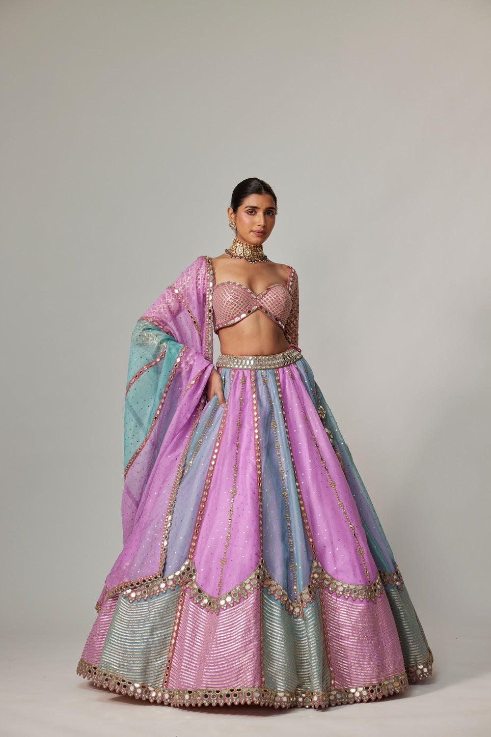 MAUVE MULTICOLOR SEQUIN SCATTERED LEHENGA WITH SWEETHEART FULL SLEEVE BLOUSE