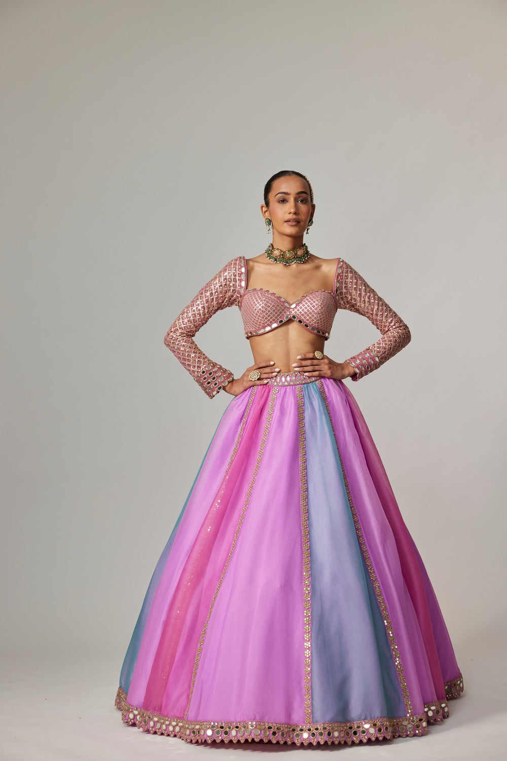 MAUVE MULTICOLOR LINEAR LEHENGA WITH SWEETHEART FULL SLEEVE BLOUSE