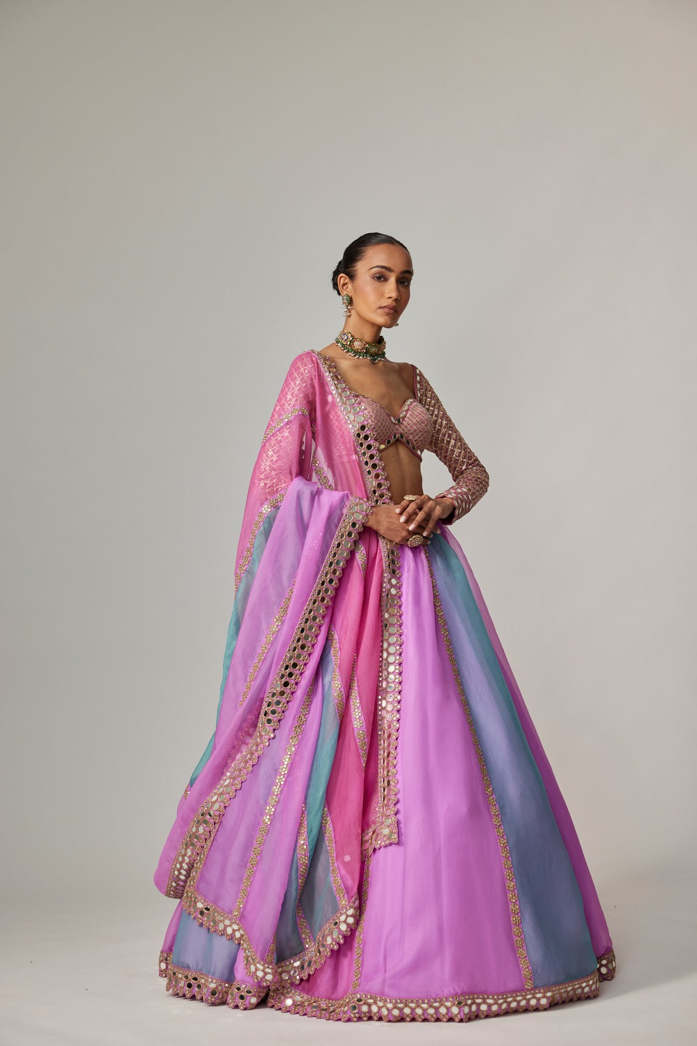 MAUVE MULTICOLOR LINEAR LEHENGA WITH SWEETHEART FULL SLEEVE BLOUSE