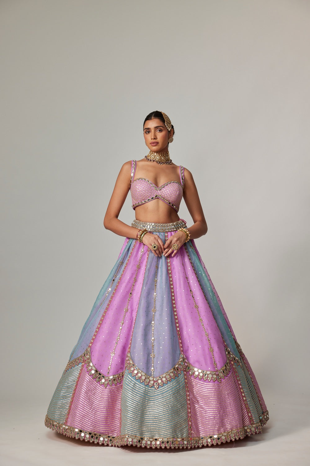 MAUVE MULTICOLOR SEQUIN SCATTERED LEHENGA WITH SWEETHEART NECK BLOUSE