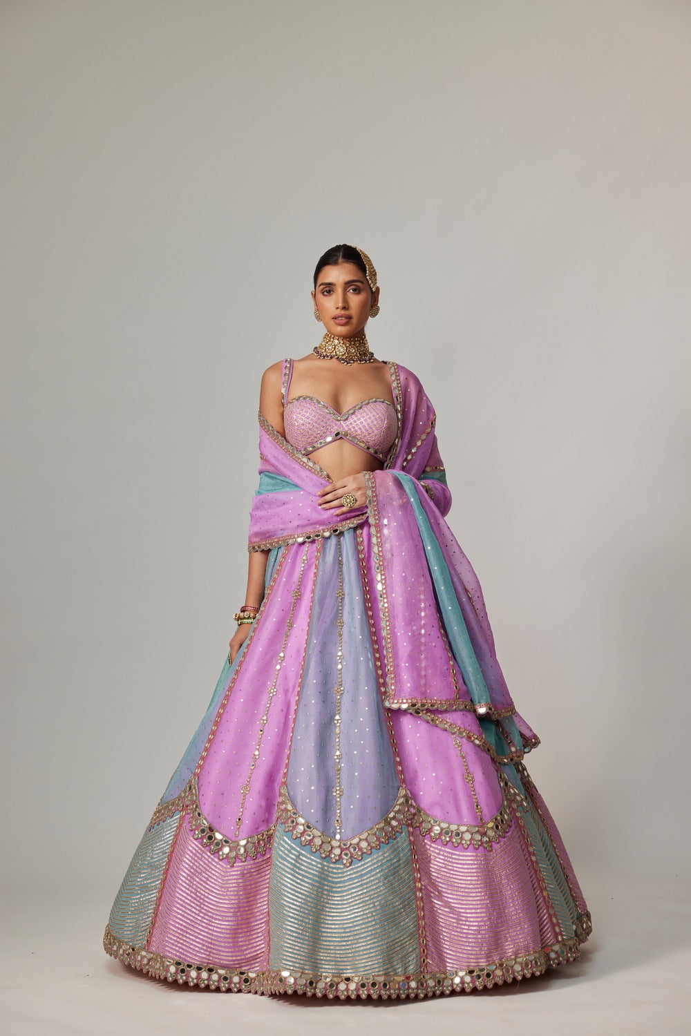 MAUVE MULTICOLOR SEQUIN SCATTERED LEHENGA WITH SWEETHEART NECK BLOUSE