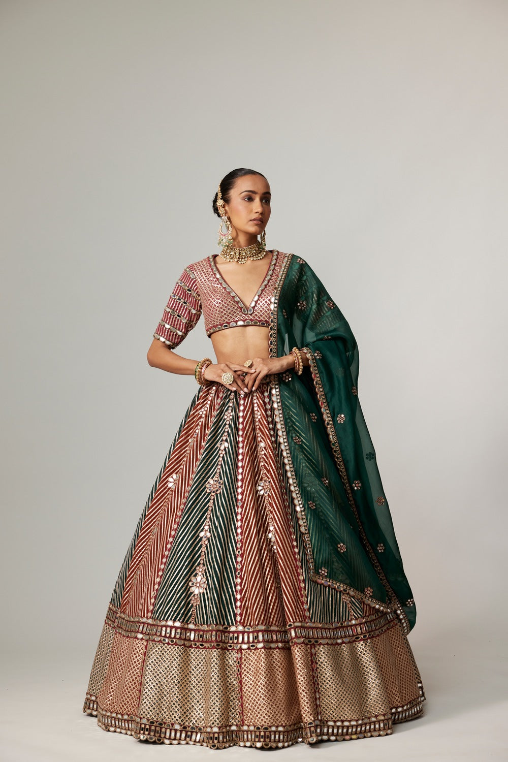 CRANBERRY MULTICOLOR LINEAR FLOWER LEHENGA SET WITH JADE GREEN DUPATTA