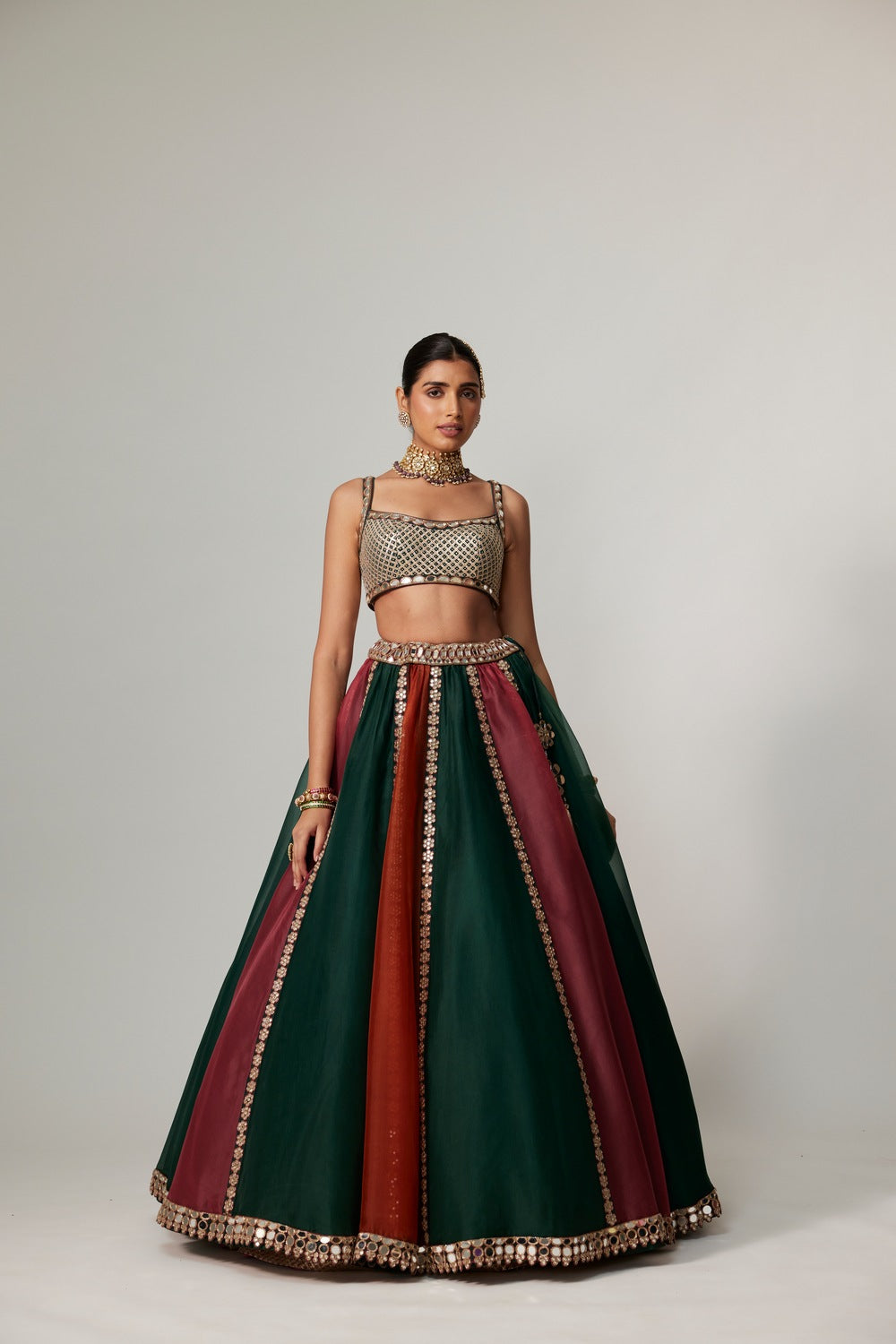 CRANBERRY MULTICOLOR LINEAR LEHENGA WITH SQUARE NECK BLOUSE