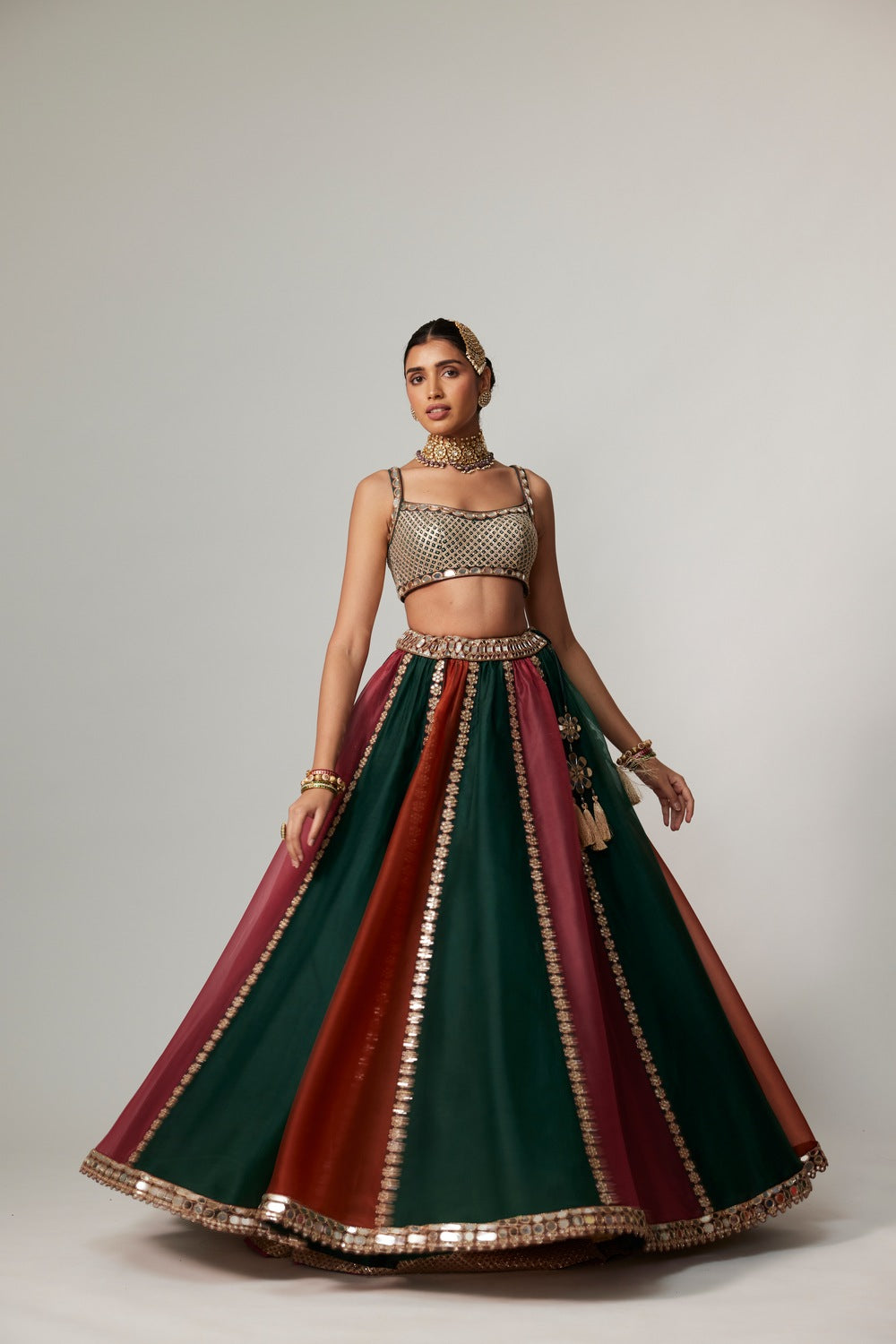 CRANBERRY MULTICOLOR LINEAR LEHENGA WITH SQUARE NECK BLOUSE
