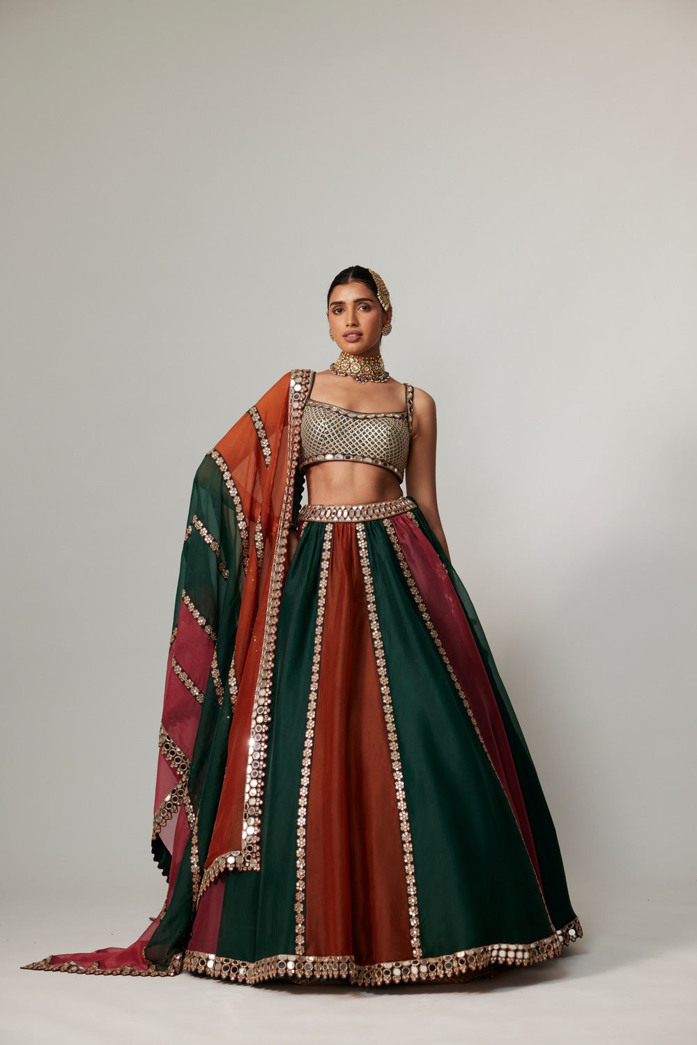 CRANBERRY MULTICOLOR LINEAR LEHENGA WITH SQUARE NECK BLOUSE