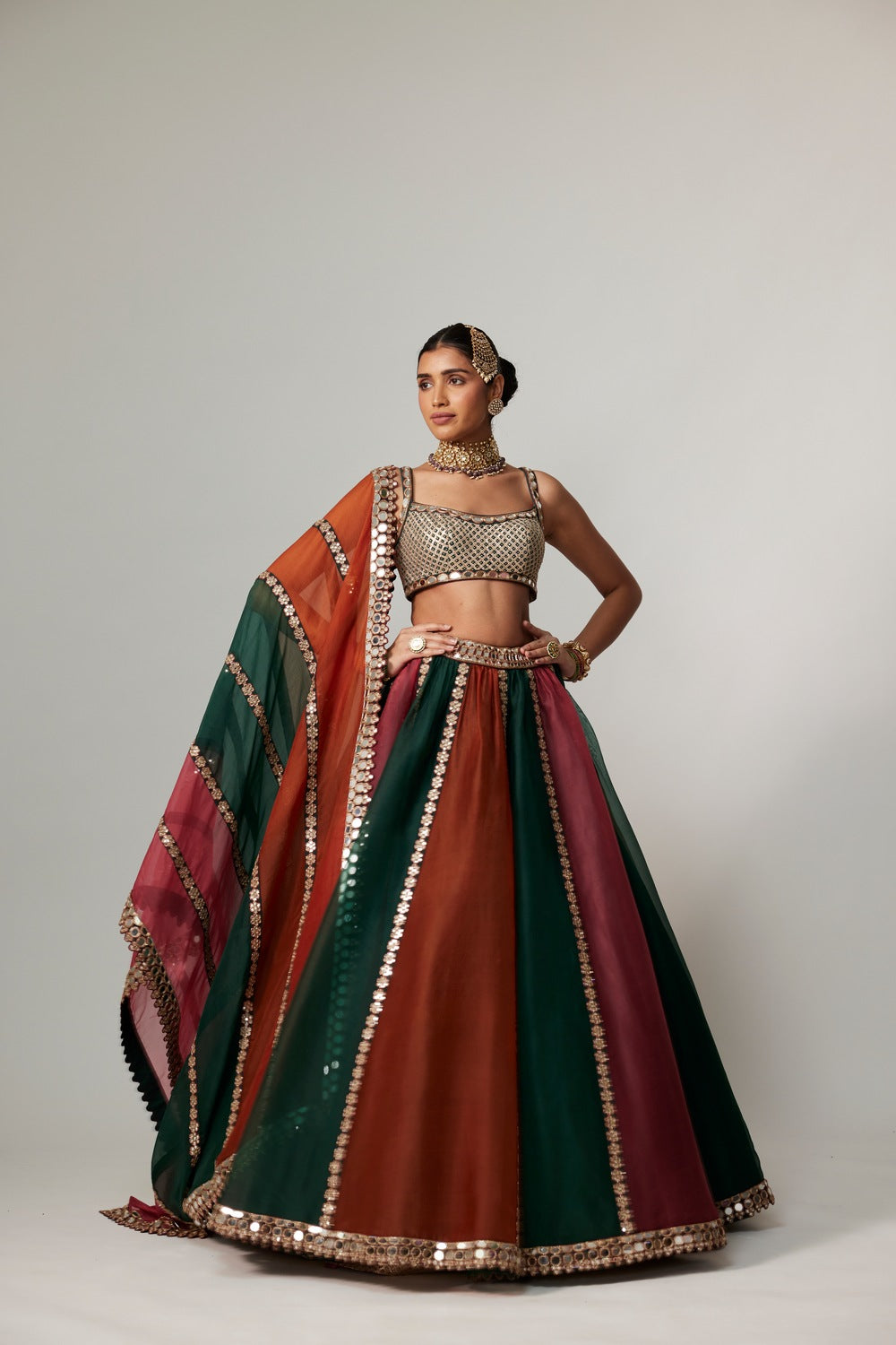 CRANBERRY MULTICOLOR LINEAR LEHENGA WITH SQUARE NECK BLOUSE