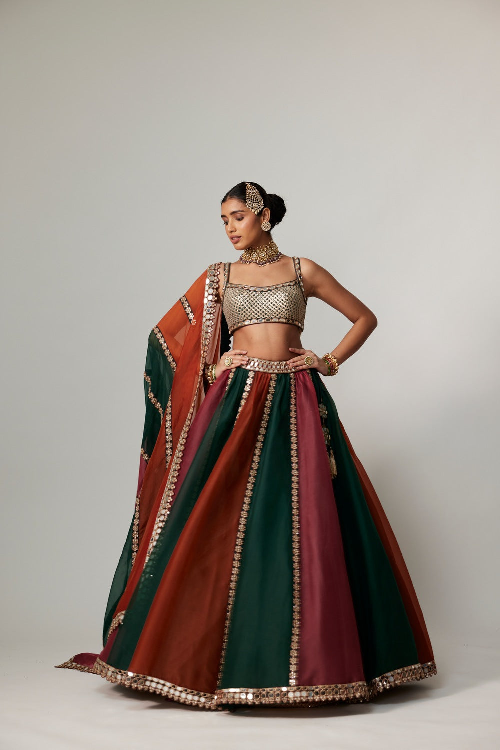 CRANBERRY MULTICOLOR LINEAR LEHENGA WITH SQUARE NECK BLOUSE