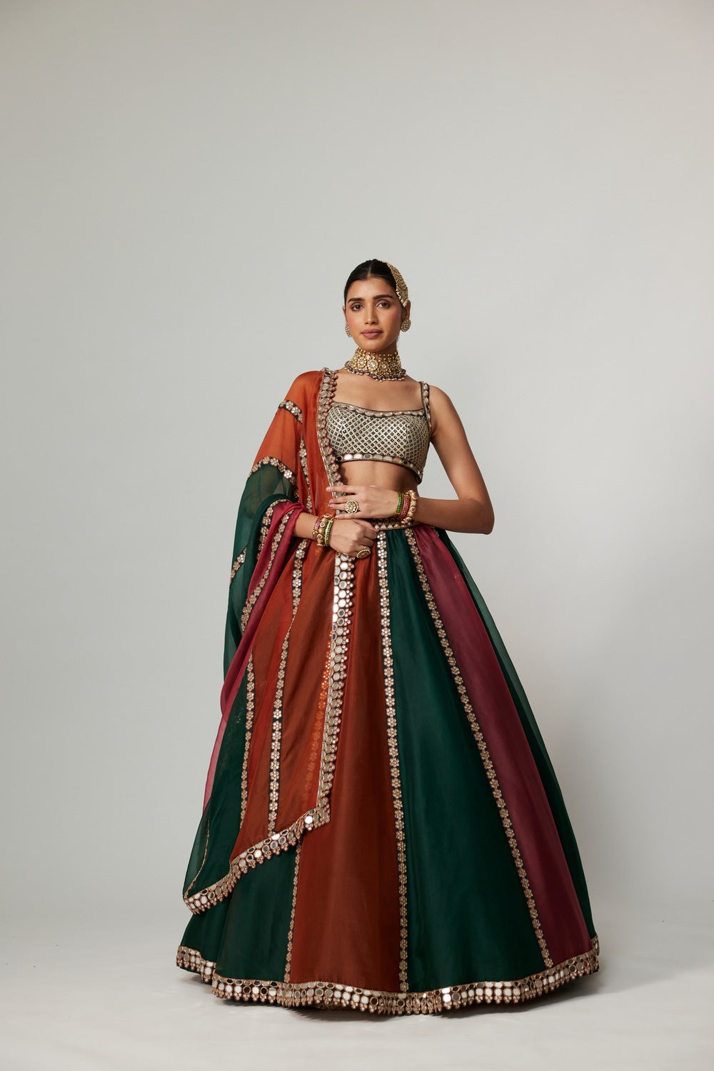 CRANBERRY MULTICOLOR LINEAR LEHENGA WITH SQUARE NECK BLOUSE