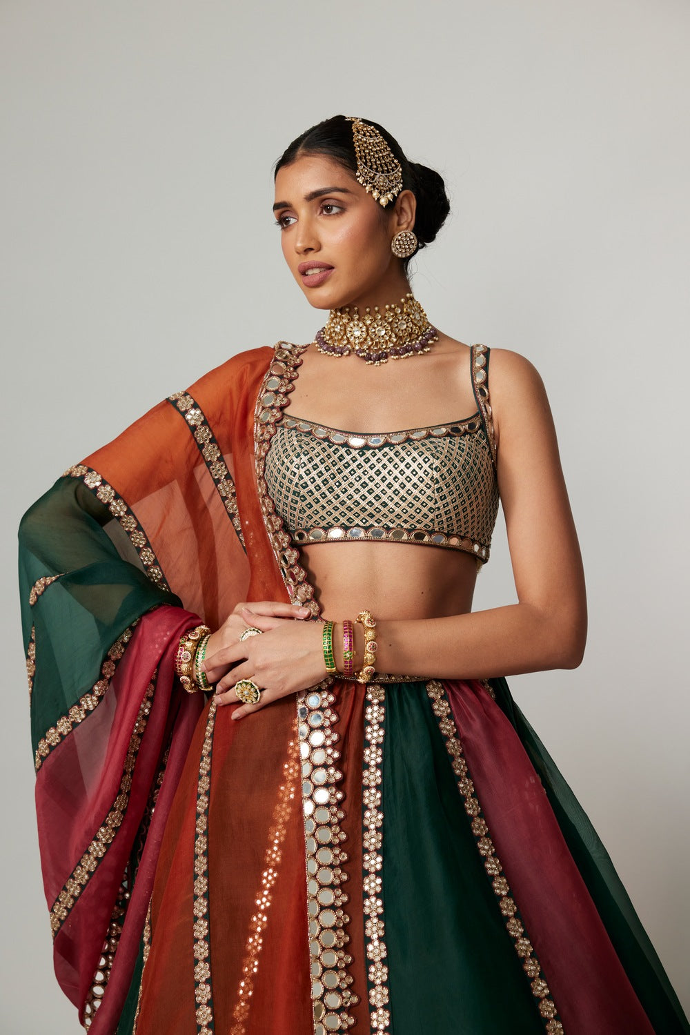 CRANBERRY MULTICOLOR LINEAR LEHENGA WITH SQUARE NECK BLOUSE