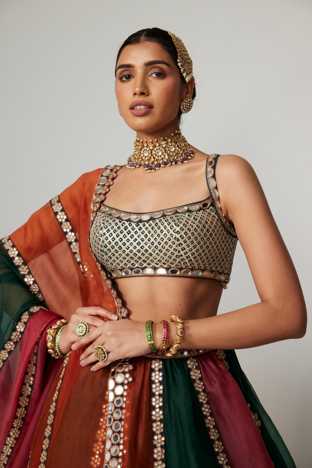 CRANBERRY MULTICOLOR LINEAR LEHENGA WITH SQUARE NECK BLOUSE