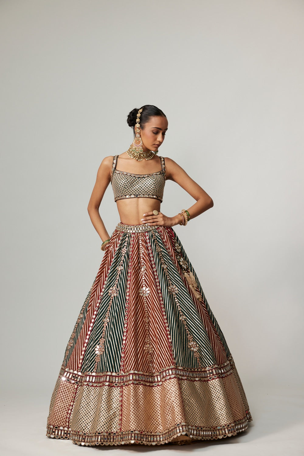 CRANBERRY MULTICOLOR LINEAR FLOWER LEHENGA SET WITH SQUARE NECK BLOUSE