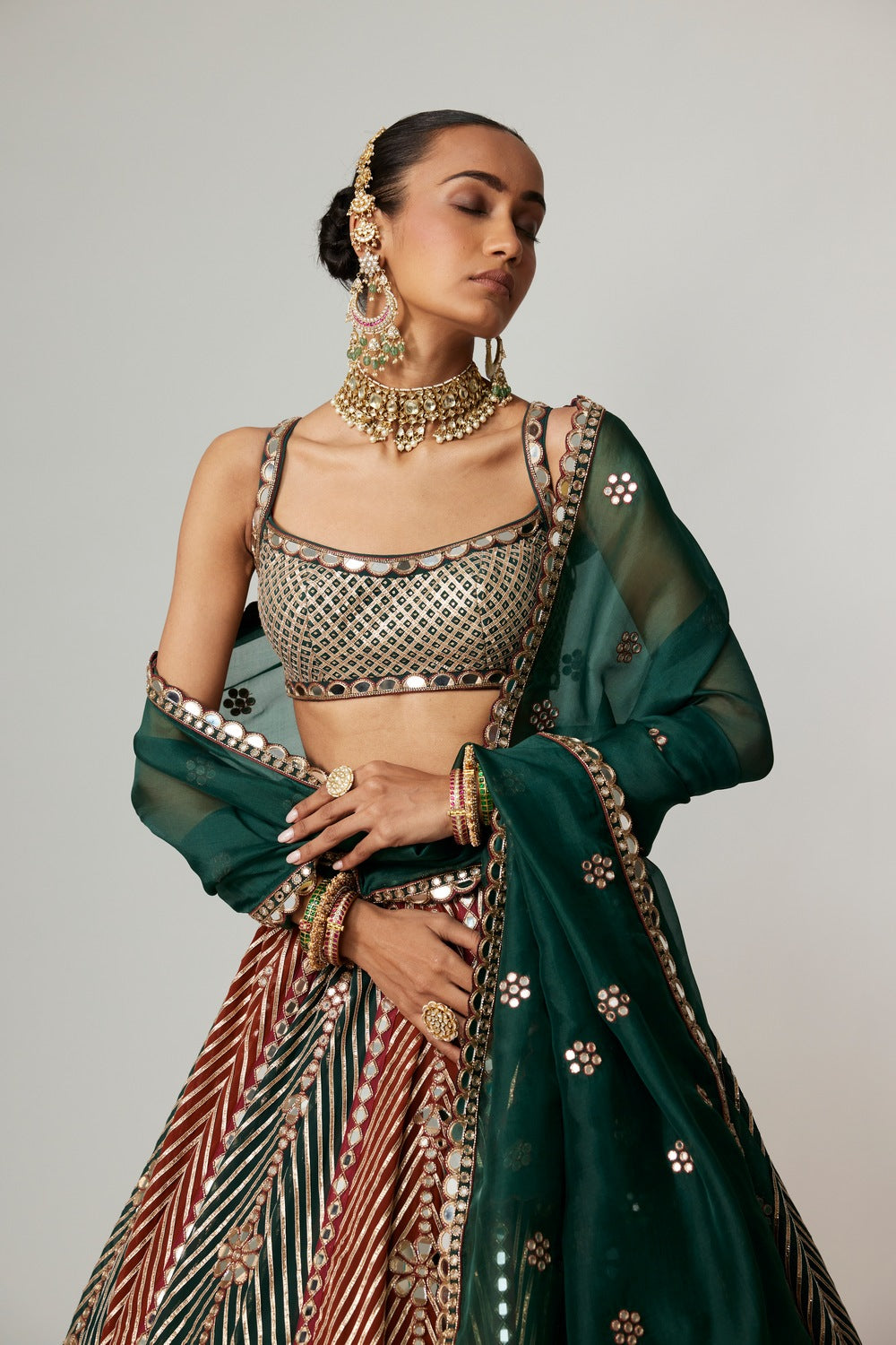 CRANBERRY MULTICOLOR LINEAR FLOWER LEHENGA SET WITH SQUARE NECK BLOUSE