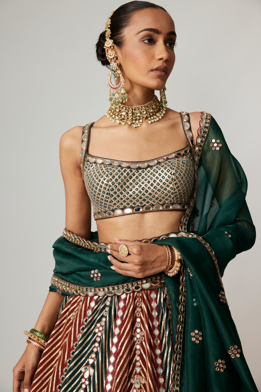 CRANBERRY MULTICOLOR LINEAR FLOWER LEHENGA SET WITH SQUARE NECK BLOUSE