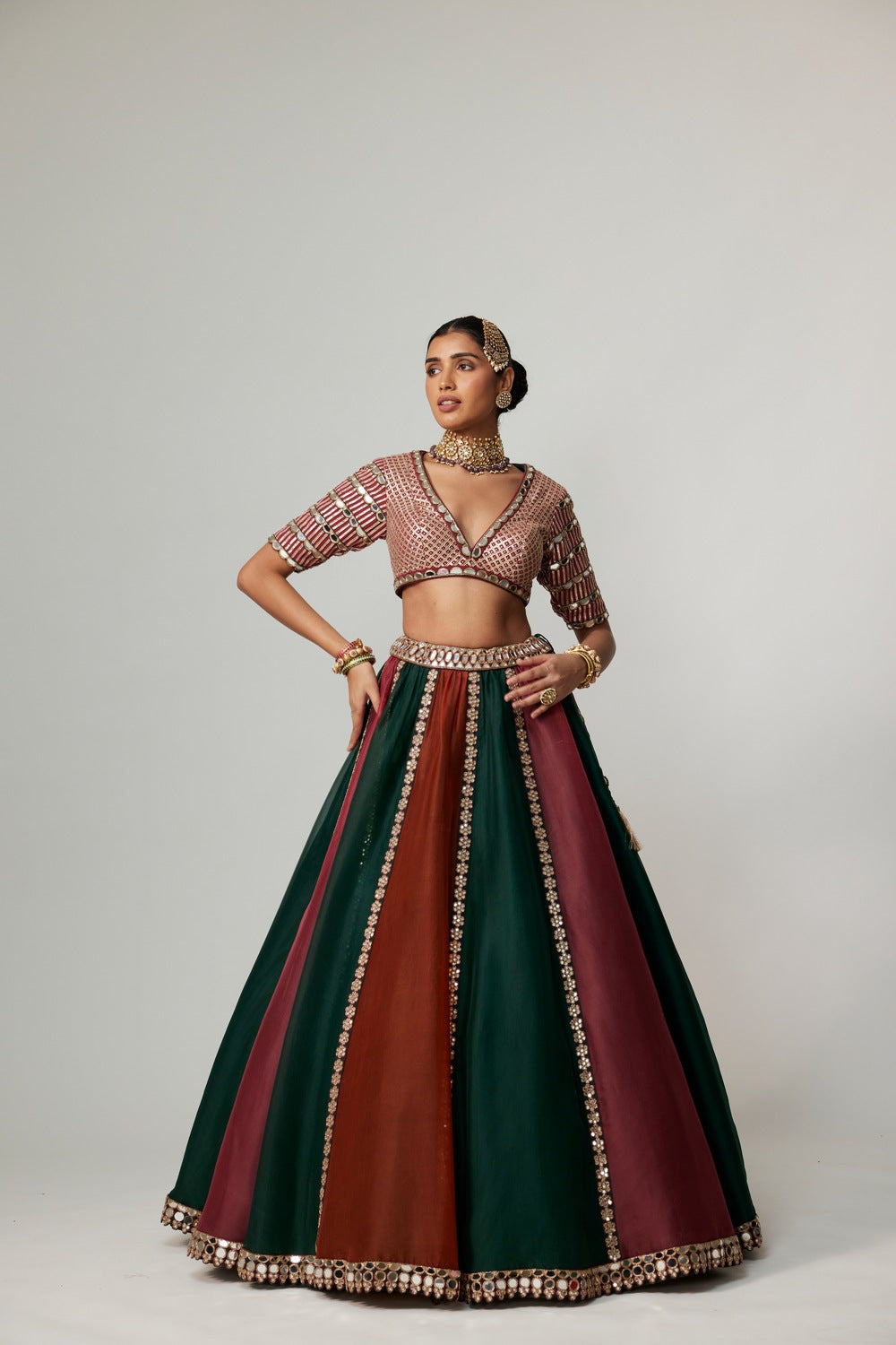 CRANBERRY MULTICOLOR LINEAR LEHENGA WITH V NECK BLOUSE
