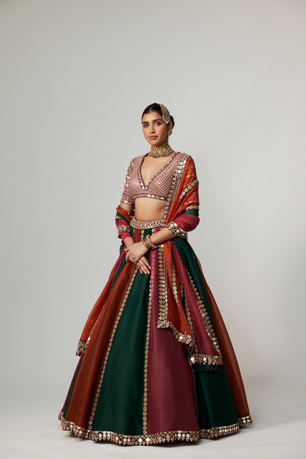 CRANBERRY MULTICOLOR LINEAR LEHENGA WITH V NECK BLOUSE
