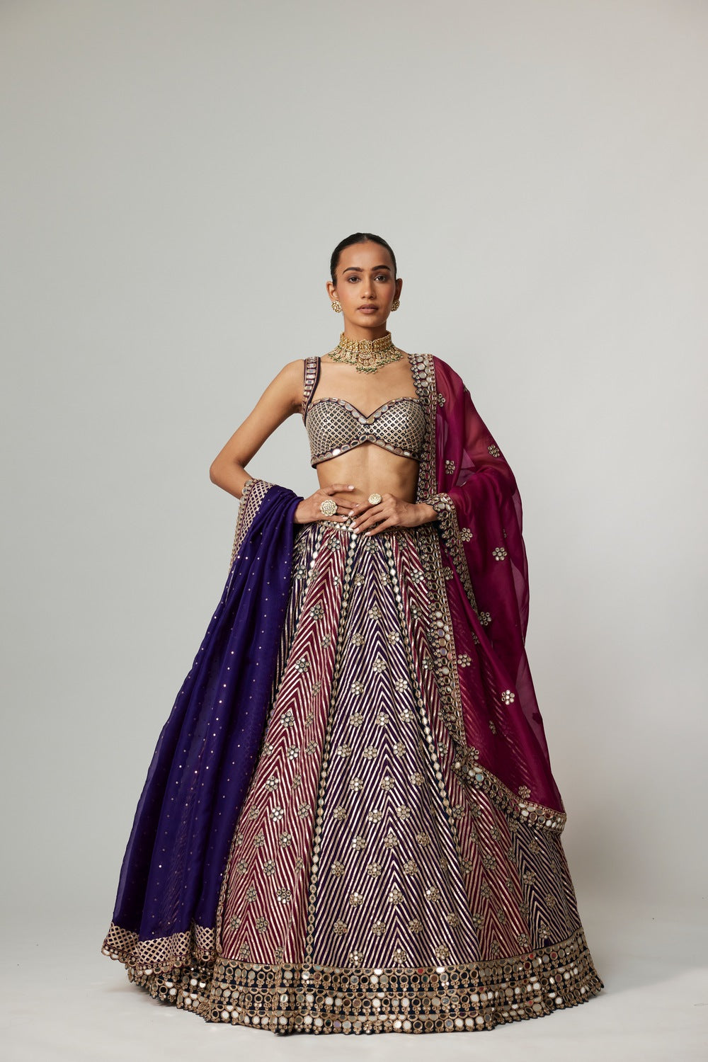 TEAL WINE MULTICOLOR LEHENGA SET WITH DOUBLE DUPATTA
