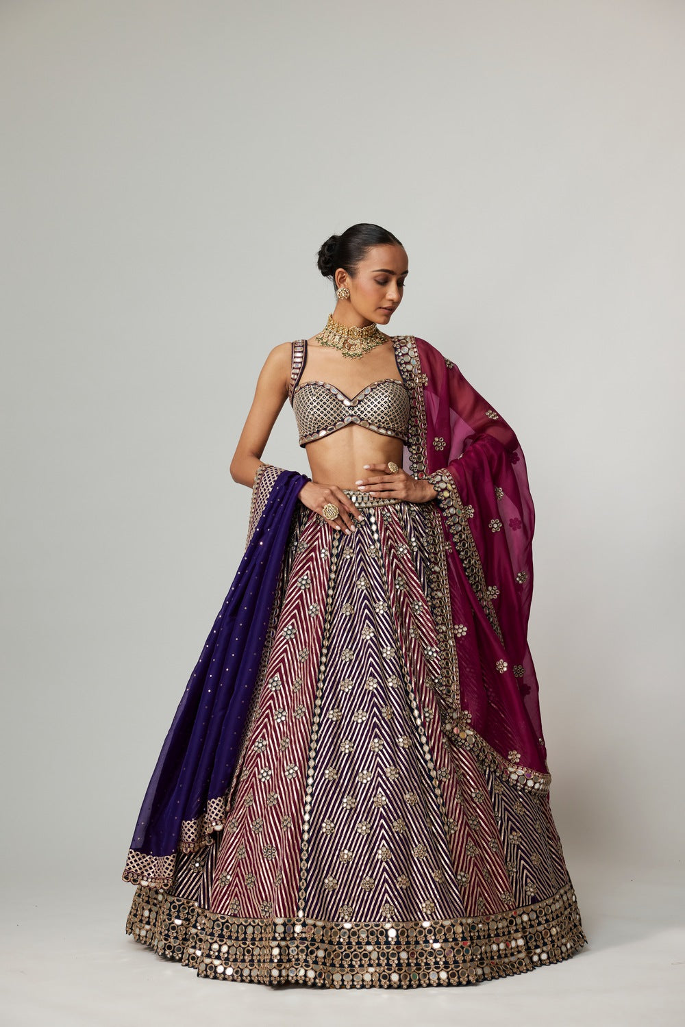 TEAL WINE MULTICOLOR LEHENGA SET WITH DOUBLE DUPATTA