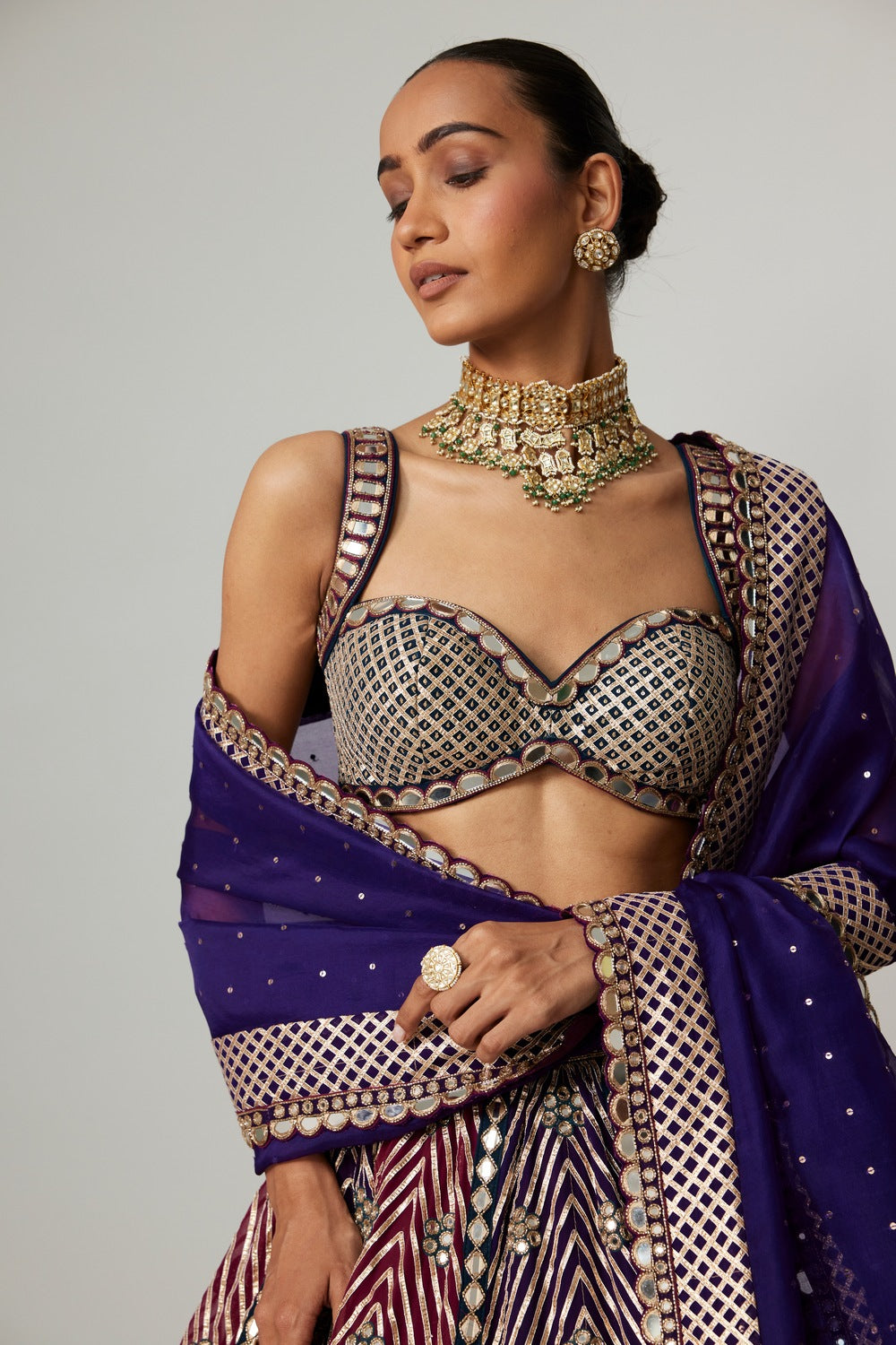 TEAL WINE MULTICOLOR LEHENGA SET WITH DARK PURPLE DUPATTA