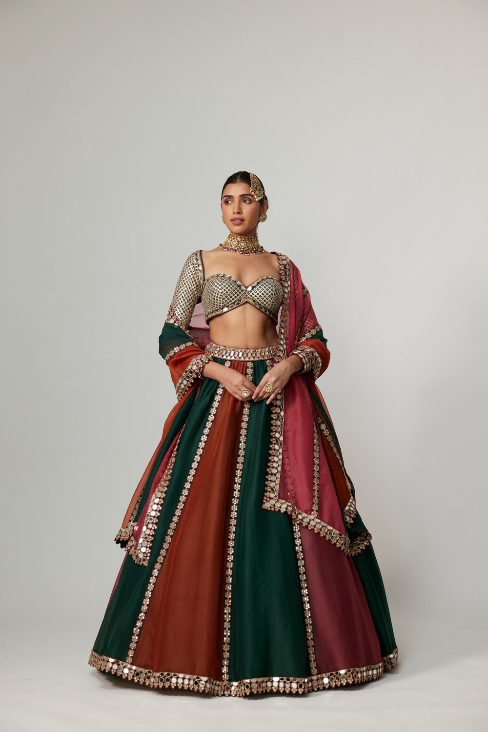 CRANBERRY MULTICOLOR LINEAR LEHENGA WITH SWEETHEART FULL SLEEVE BLOUSE