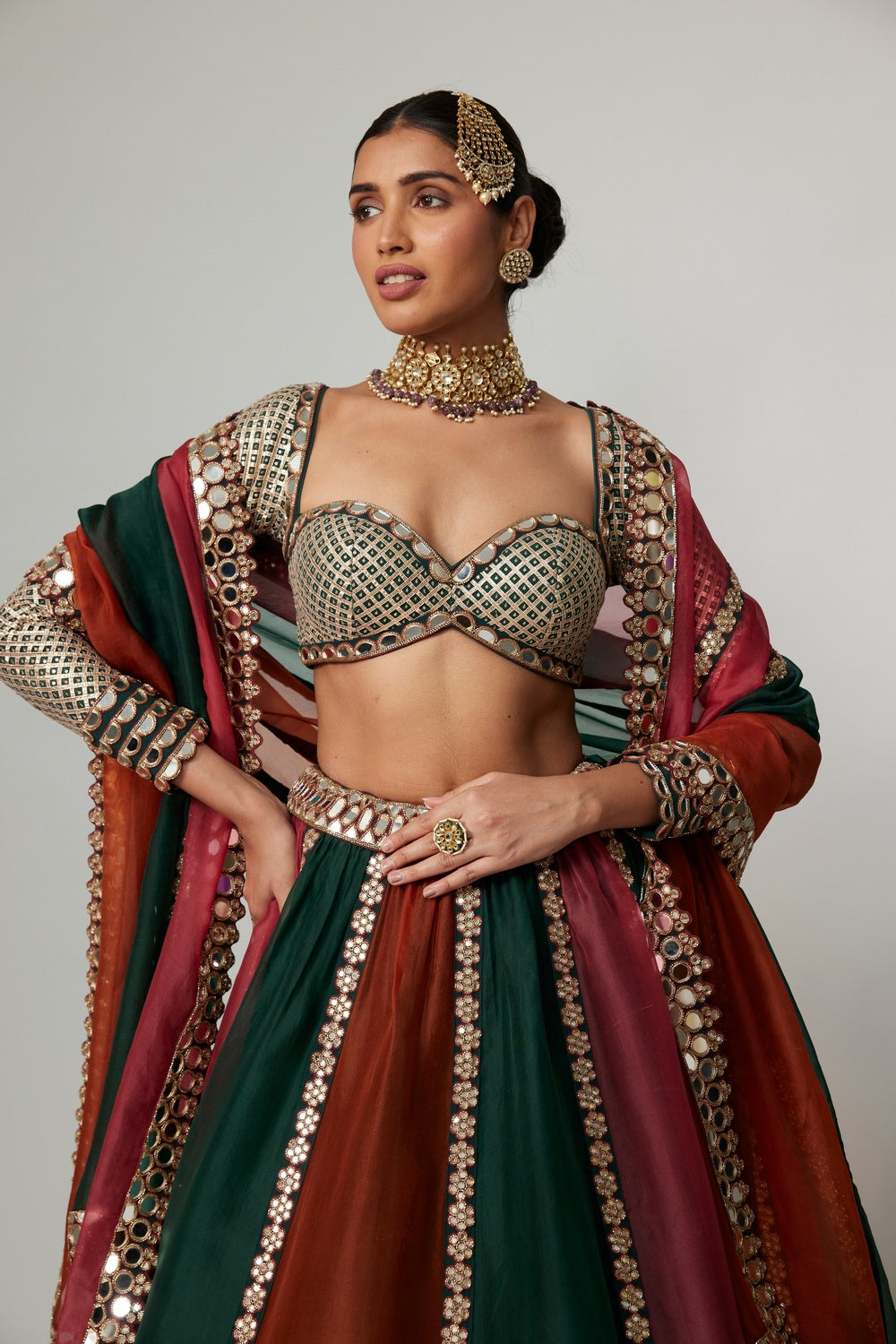 CRANBERRY MULTICOLOR LINEAR LEHENGA WITH SWEETHEART FULL SLEEVE BLOUSE