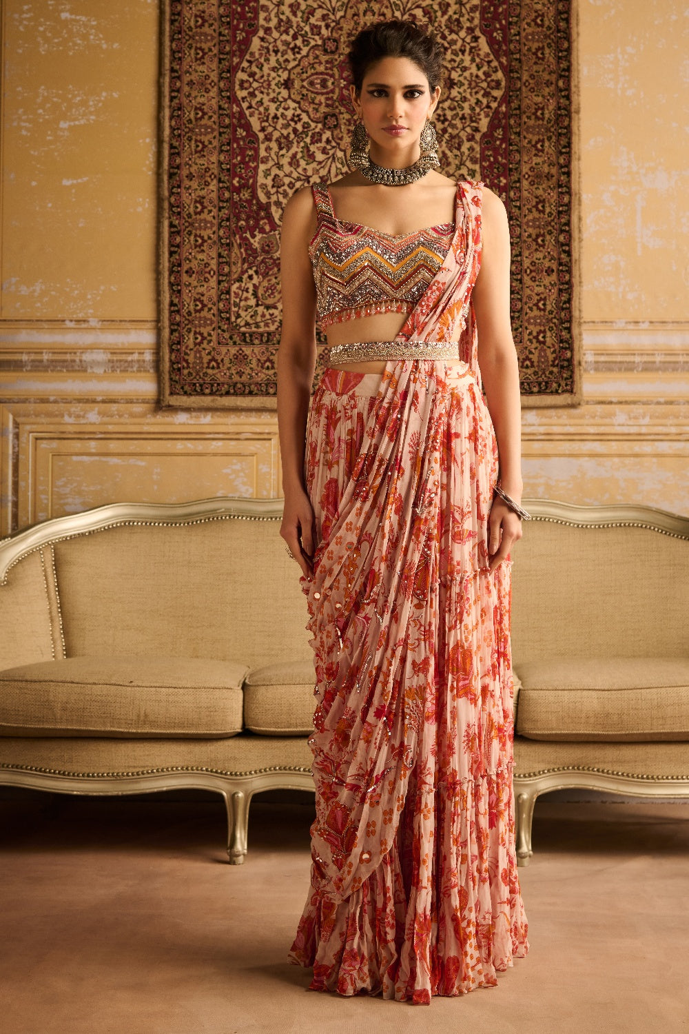 Orange Print & Embroidered Blouse And Skirt Saree Set