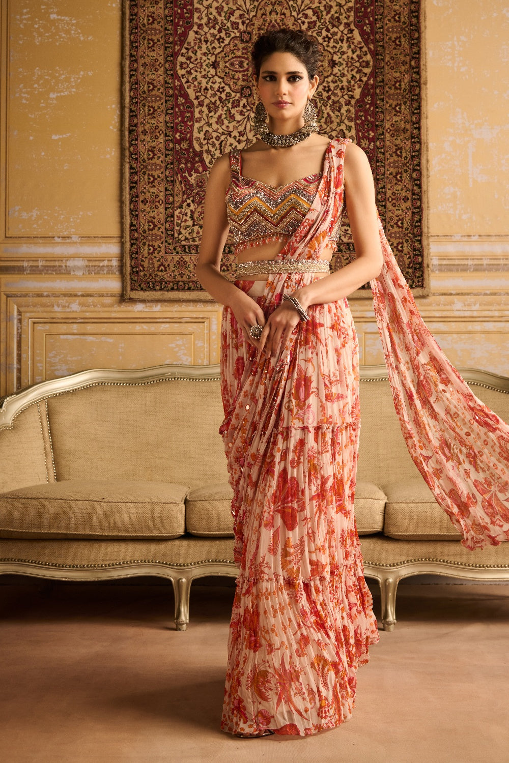 Orange Print & Embroidered Blouse And Skirt Saree Set