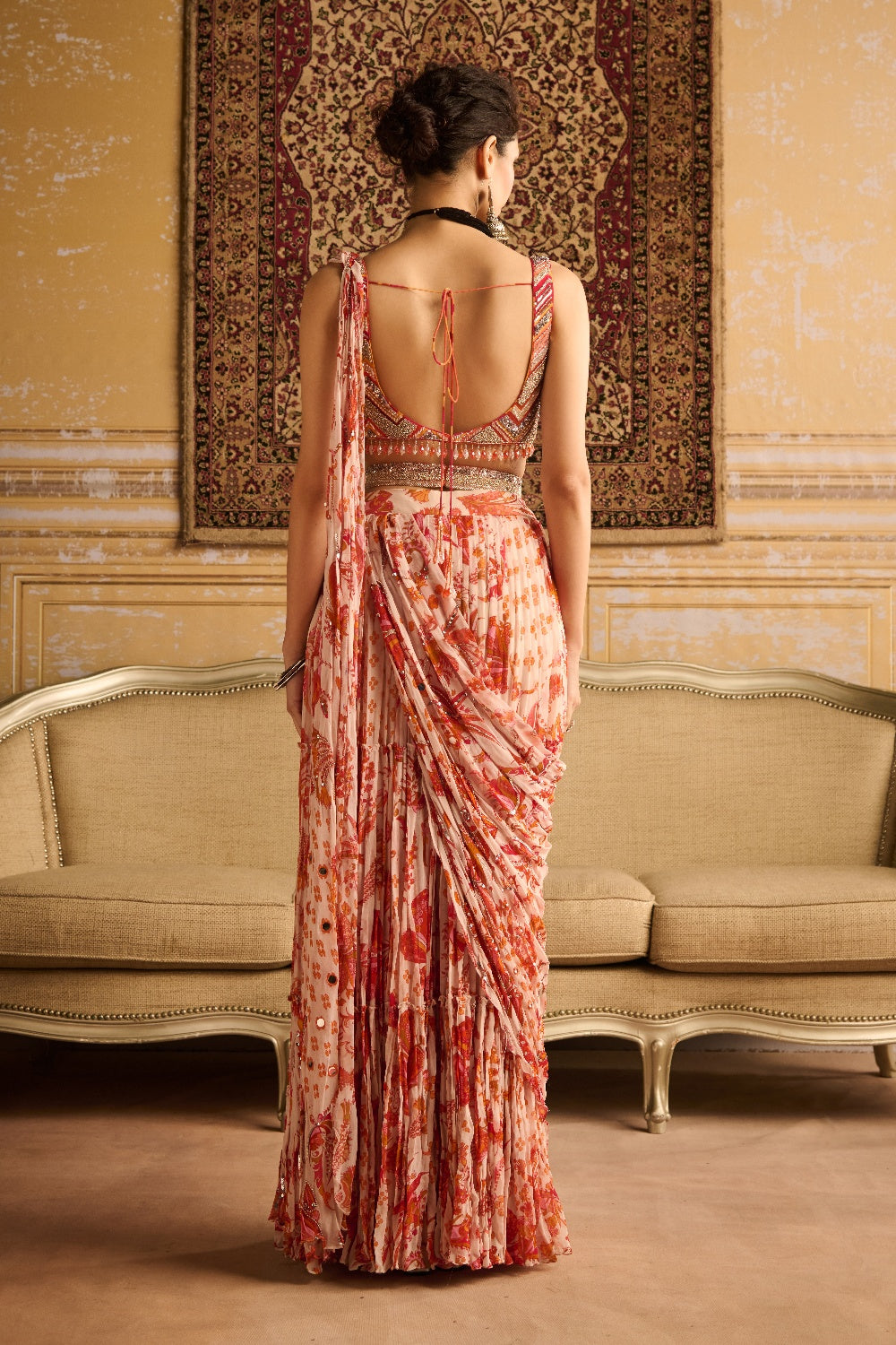 Orange Print & Embroidered Blouse And Skirt Saree Set