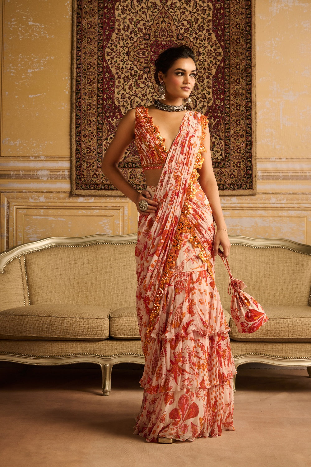 Orange Print & Embroidered Blouse And Skirt Saree Set