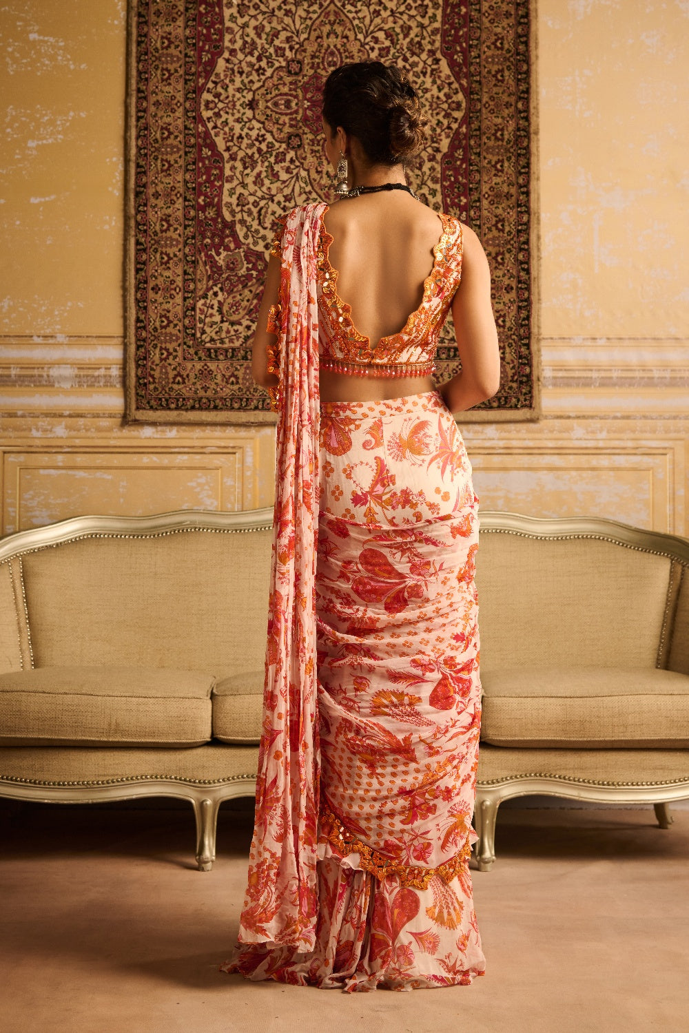 Orange Print & Embroidered Blouse And Skirt Saree Set