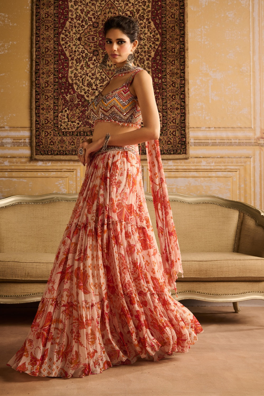 Orange Zig-Zag Print & Embroidered Blouse And Gharara Set