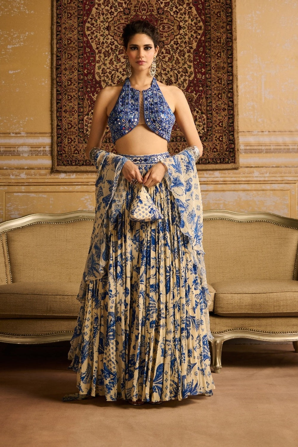 Blue Embroidered Blouse And Lehenga Set