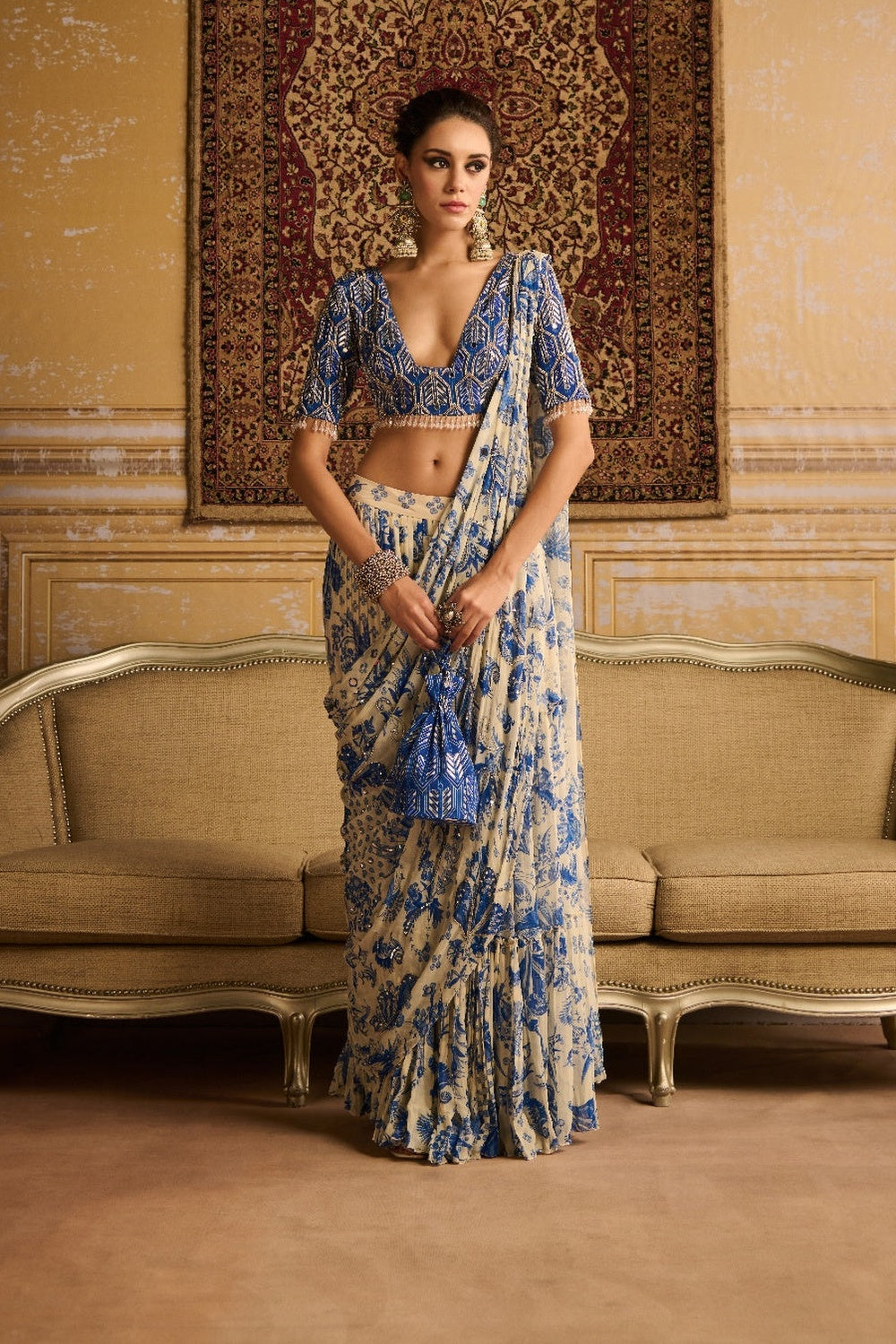 Blue Highlighted Blouse And Tiered Saree Set
