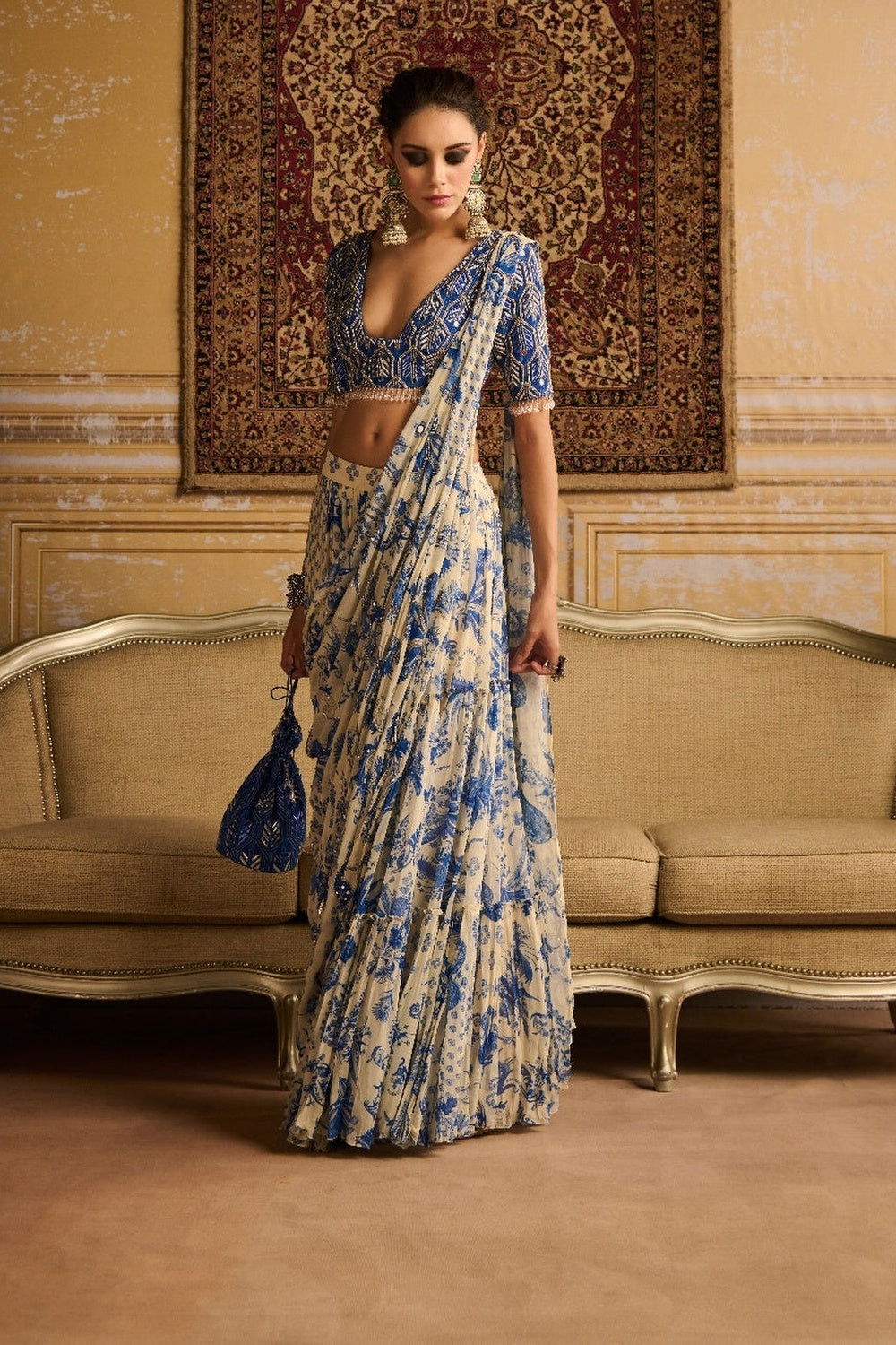 Blue Highlighted Blouse And Tiered Saree Set