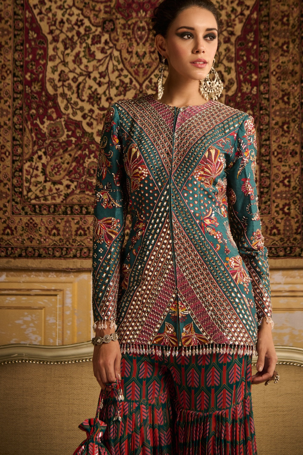 Teal Highlighted Jacket And Gharara Pants