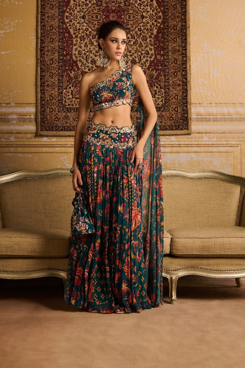 Teal Embroidered Blouse And Pleated Pants