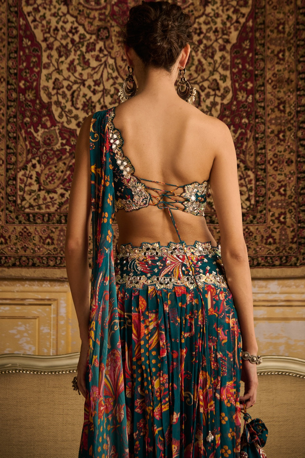 Teal Embroidered Blouse And Pleated Pants