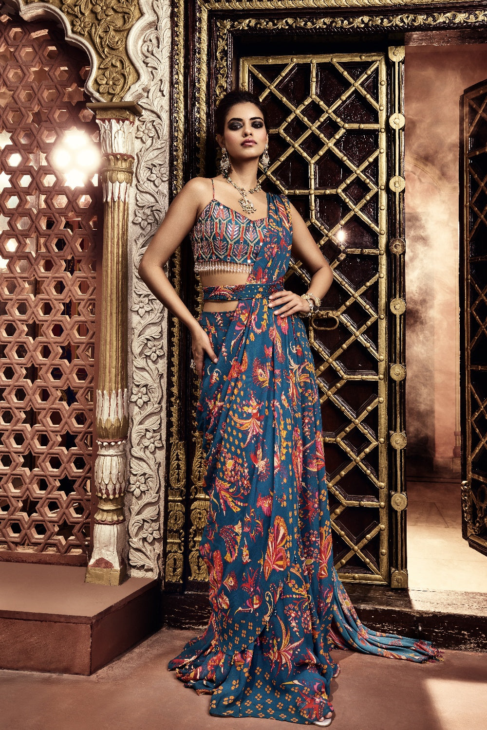 Teal Highlighted Blouse And Saree Set