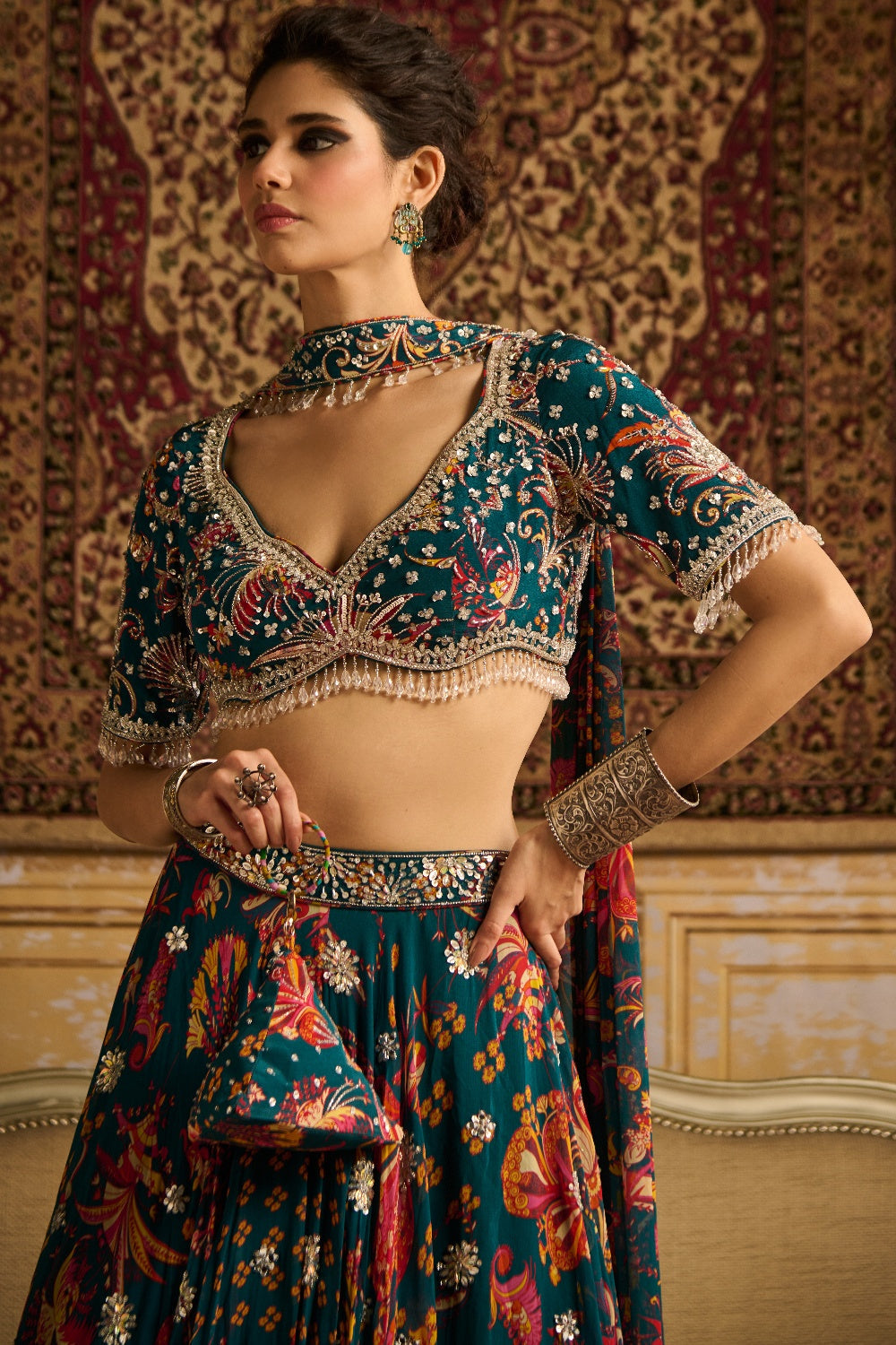 Teal Embroidered Blouse And Lehenga Set
