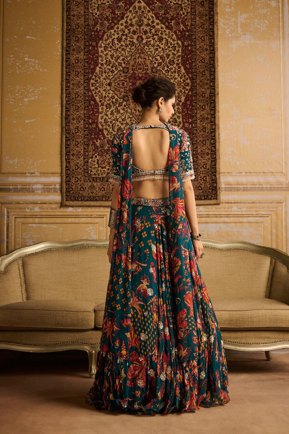 Teal Embroidered Blouse And Lehenga Set