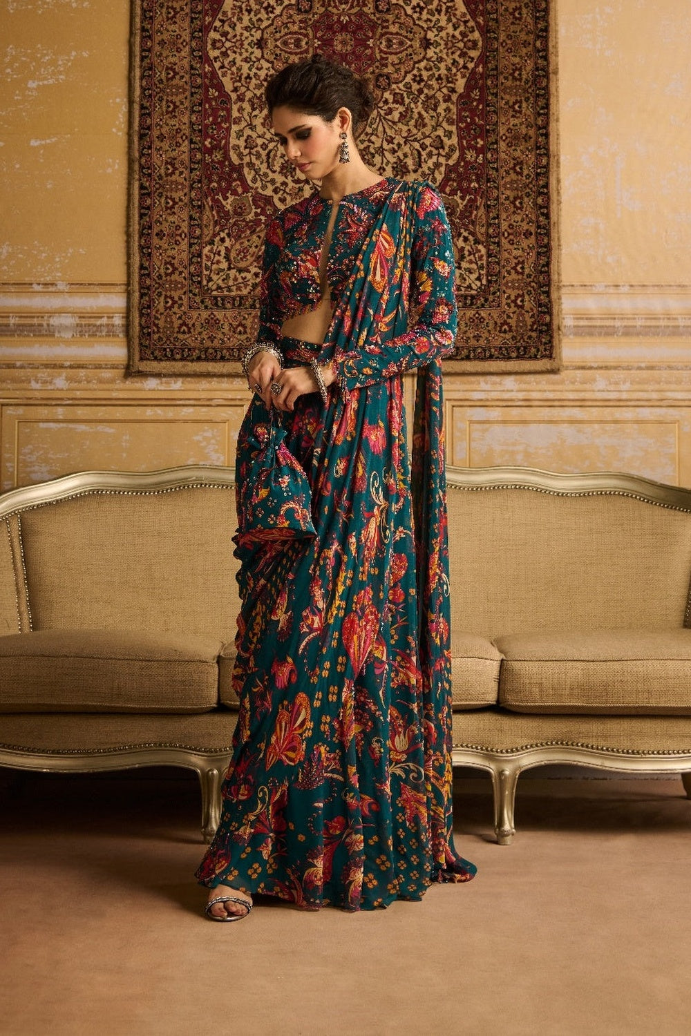 Teal Embroidered Blouse With Pant Saree Set