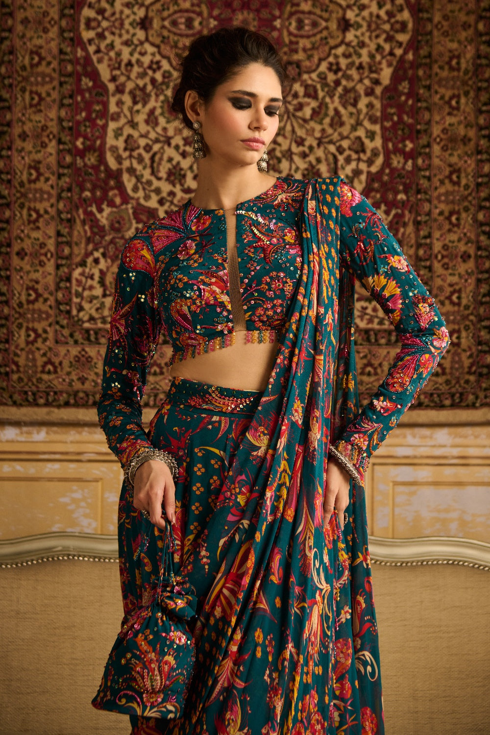 Teal Embroidered Blouse With Pant Saree Set