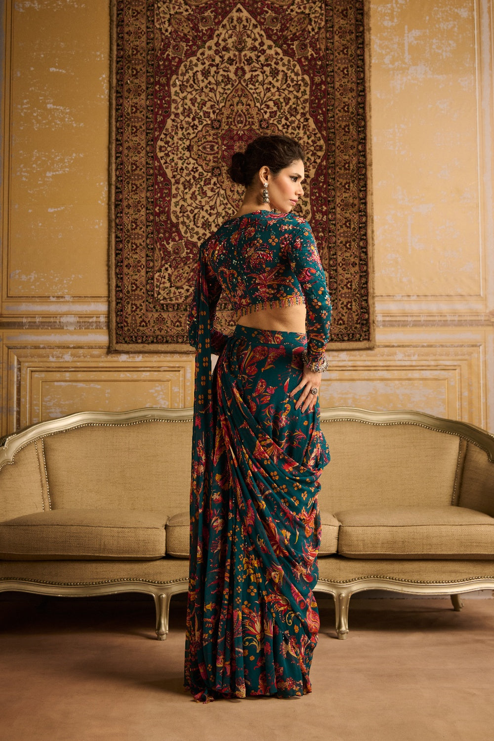 Teal Embroidered Blouse With Pant Saree Set