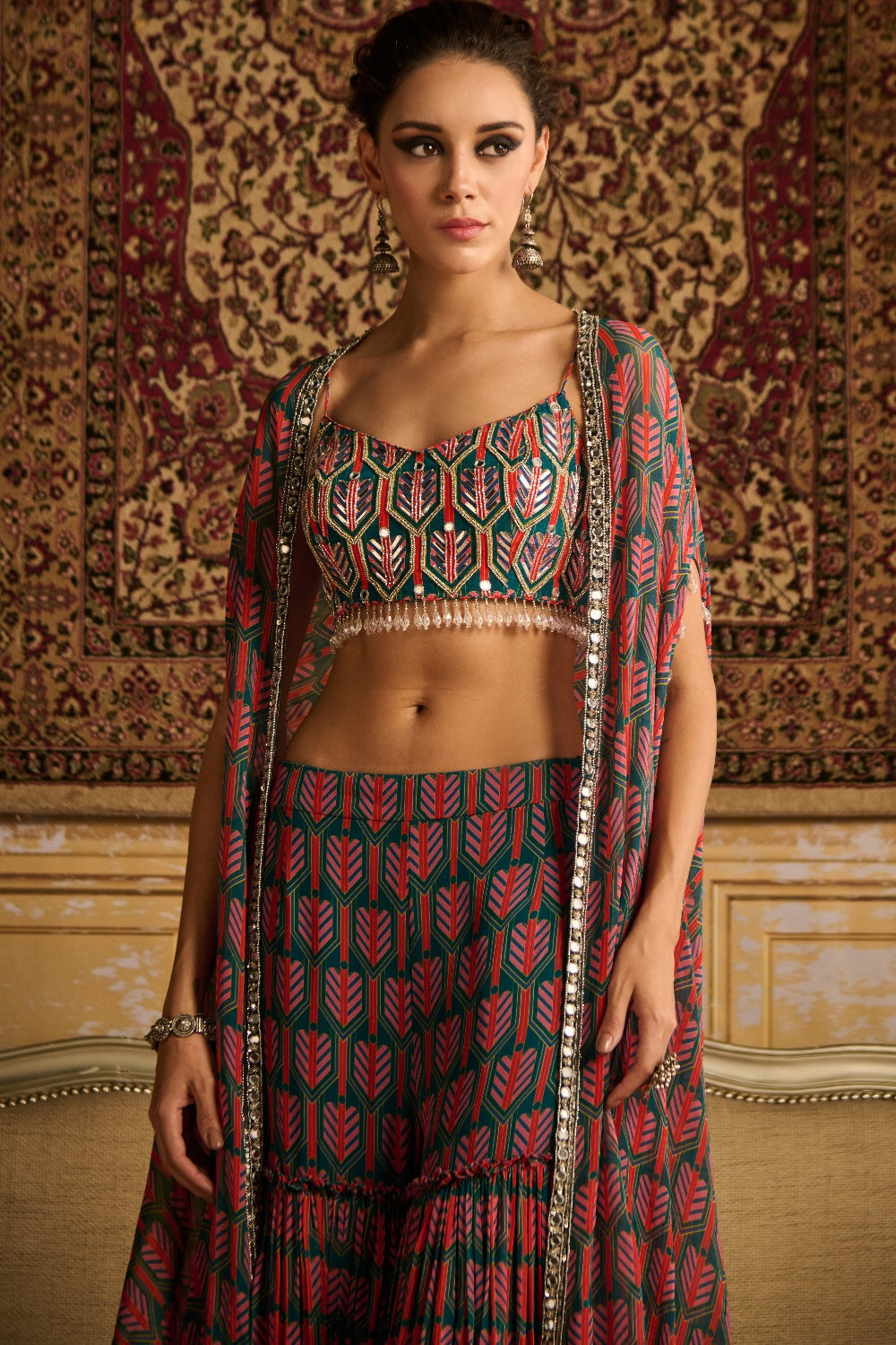 Teal Embroidered Blouse With Cape Set