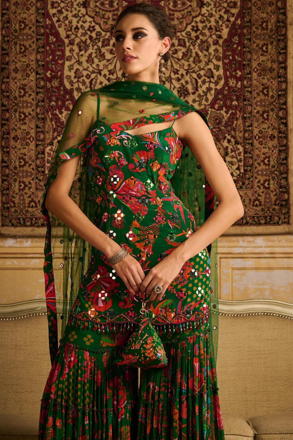 Dark Green Embroidered Kurti And Gharara Set