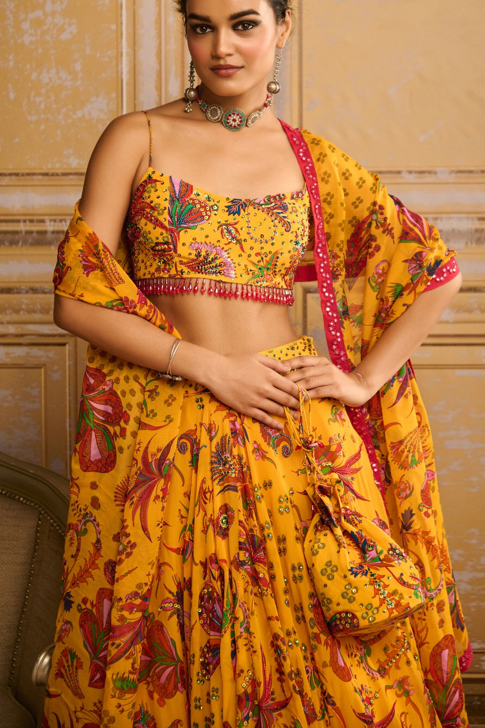 Yellow Highlighted Blouse And Highlighted Lehenga Set
